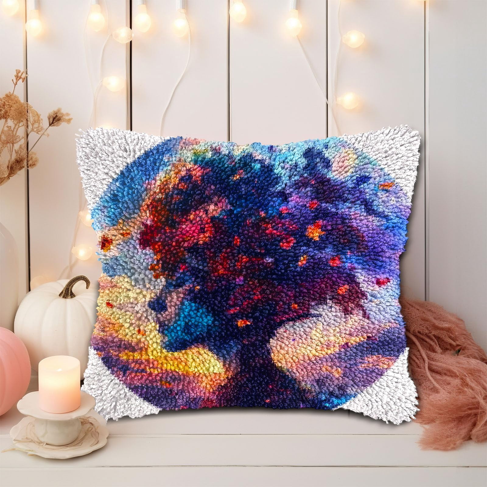 Abstract Woman Face Colorful Tree DIY Latch Hook Pillow Kits for Adults Printed Pillowcase Crochet Yarns Hooking Handmade Pillow Cover Cushion for Home Sofa Decoration 17x17inch(1)