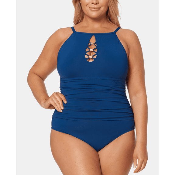 Bleu Rod Beattie NAVY Plus Size High-Neck Strappy One-Piece Swimsuit, US 22W