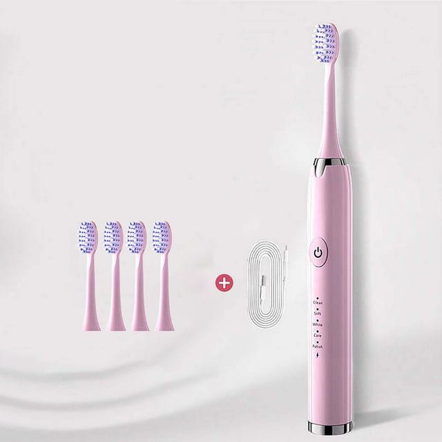 Fiudx Cepillo de Dientes Eléctrico, 5 Cabezales Incluidos, 5 Modos de Limpieza, Carga Rápida Por Usb, Resistencia Al Agua Ipx7, Limpieza Profunda Suave, Ideal para Viajes, Blanco, Azul y Rosa, Tamaño