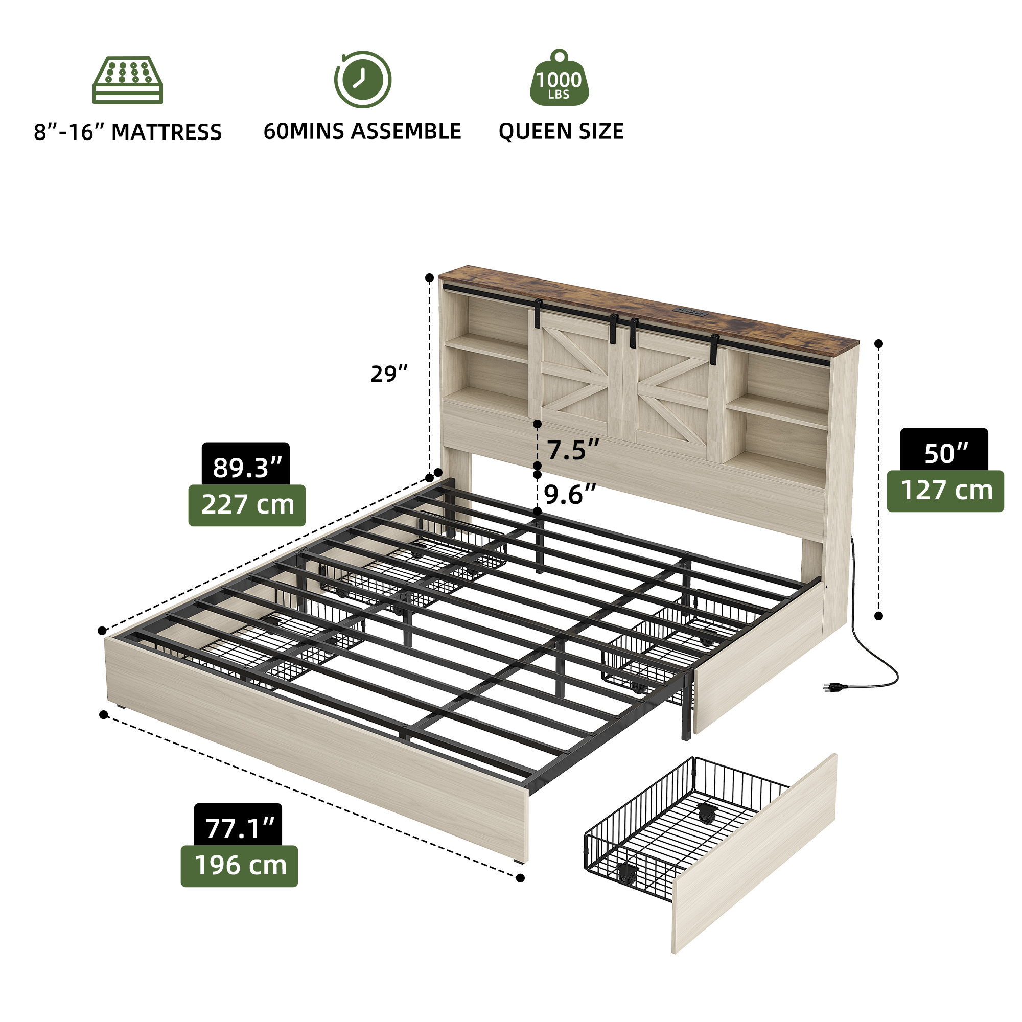 Uforic King Size Farmhouse Platform Bed Frame with Sliding Barn Door, 4 Wheeled Underbed Storage Drawers, No Box Spring Required, White