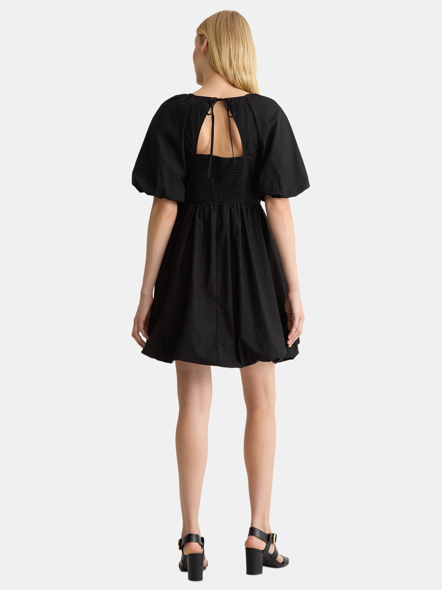 Time and Tru Women's and Women's Plus Cotton Bubble Hem Mini Dress with Puff Sleeves, Sizes XS-4X