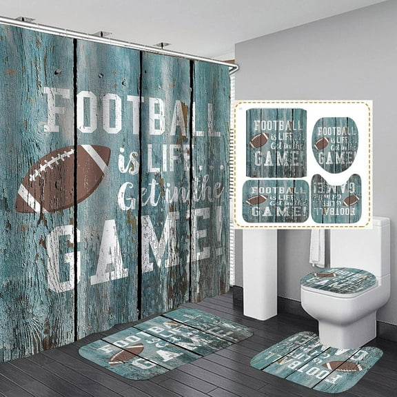 4PCS/Set American Football Shower Curtain, Sports Theme Championship Vintage Blue Rustic Wooden Board Inspirational Quotes Bathroom Decor, Non-slip Bath Rugs Toilet Mat, Get in the Game