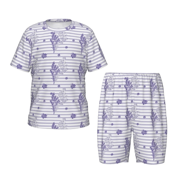 Fotbe Stripes and Sprigs of Lavender Pijama Estampada de 2 Piezas para Niños – Ropa de Dormir de Manga Corta Cómoda para Niños y Niñas, Camiseta y Shorts de Algodón-X-Large