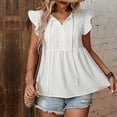 thumbnail image 4 of safuny Women's Trendy Babydoll Tops Solid Elegant Tops Puff Sleeve Tees V Neck Shirts Button Eyelet Vintage Clothing Fashion Summer White L, 4 of 8