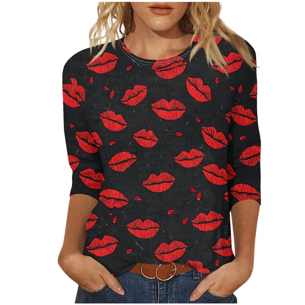 Camisetas Casuales de las Mujeres 3/4 Manga Cuello Redondo Impreso Blusa Imitación Estante Tela, Camiseta de Moda Superior para el Hogar Diario Y Desgaste Casual Todo el Año