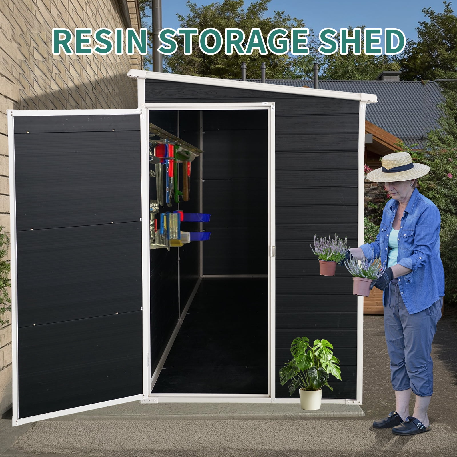 8x4 ft Outdoor Resin Garden Shed with Door, Floor and 2 Windows, Plastic Patio Outdoor Storage Shed with Lockable Door for Garden Tools, Bicycles, Trash Cans, Black
