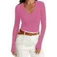 thumbnail image 2 of Otntypg Women Long Sleeve V Neck Shirts for Women Business Casual Work Top Knit Slim Fit for Fall Spring Lightweight Thin Basic Tees Blouse Pink L, 2 of 9