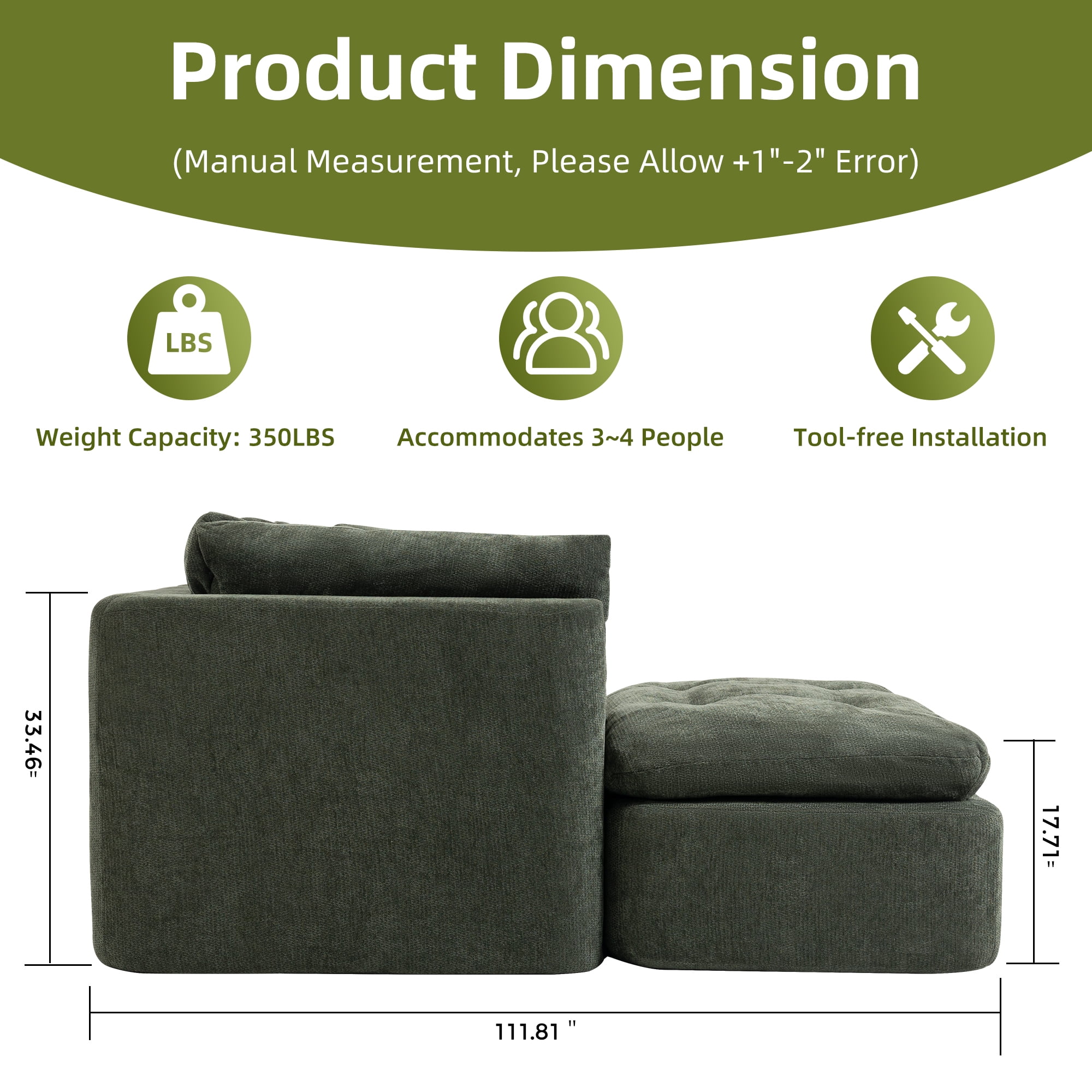 AISWORD Modular Sectional Sofa, Deep Seat Cloud Couch with Ottoman, 4-Seater Convertible L-Shaped Chenille Fabric Couch, Oversized Comfortable Frame-Free Set for Living Room, No Assembly, Green