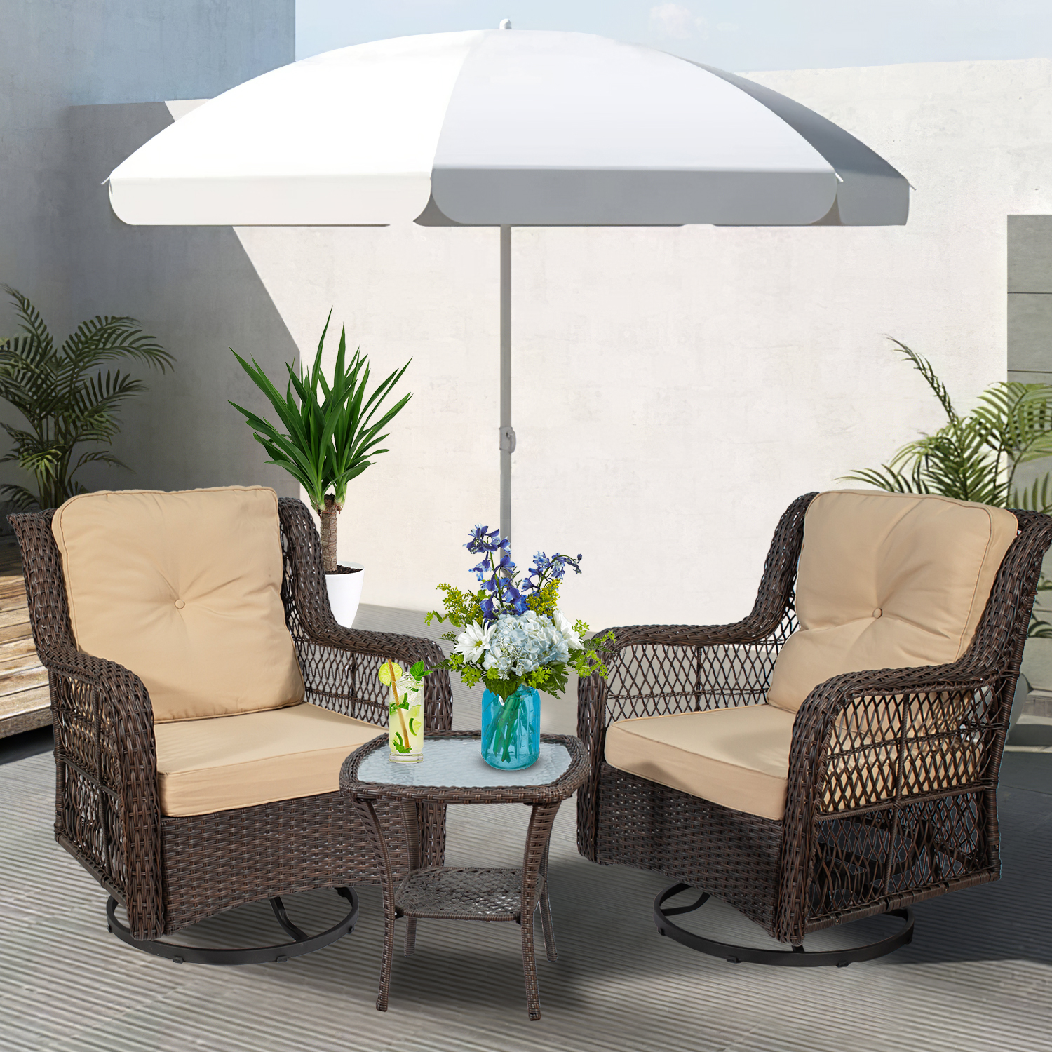 Outdoor Swivel Patio Lounge Chairs 3-Piece Patio Conversation Bistro Set w/Wicker Patio Chairs and Side Table for Small Space Deck Porch 350 LBS Beige - image 2 of 13