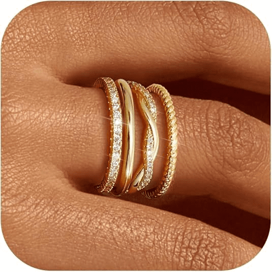 Ydou 4PCS 18K Gold Plated Rings for Women, Non Tarnish Fashion CZ Thumb Pinky Stackable Ring Set, Christmas Jewelry Gifts Teen Mom Girlfriend Stocking Stuffers Size 6/7/8/9/10