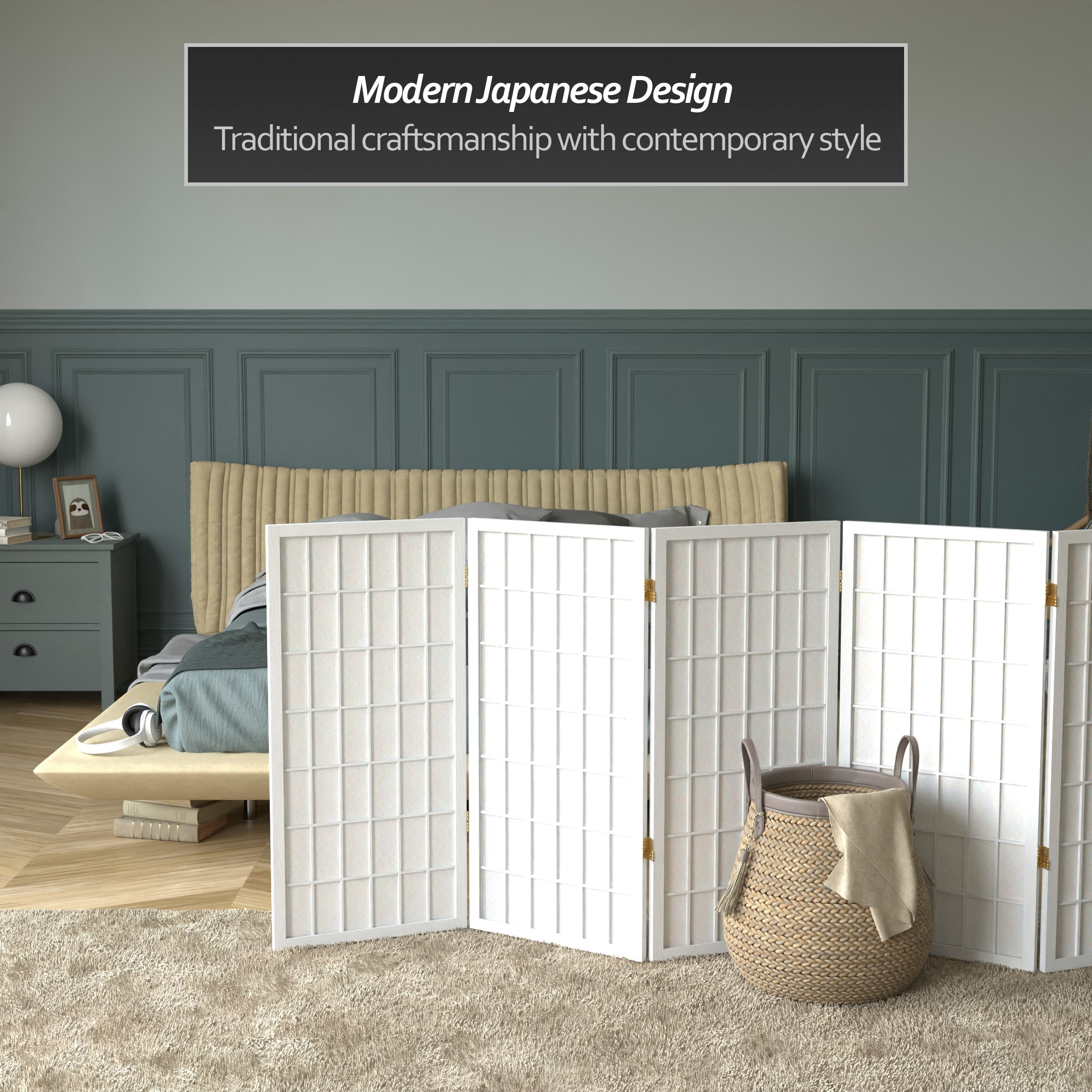 3 ft. Tall Classic Japanese Window Pane Lattice Privacy Screen - White - 5 Panels