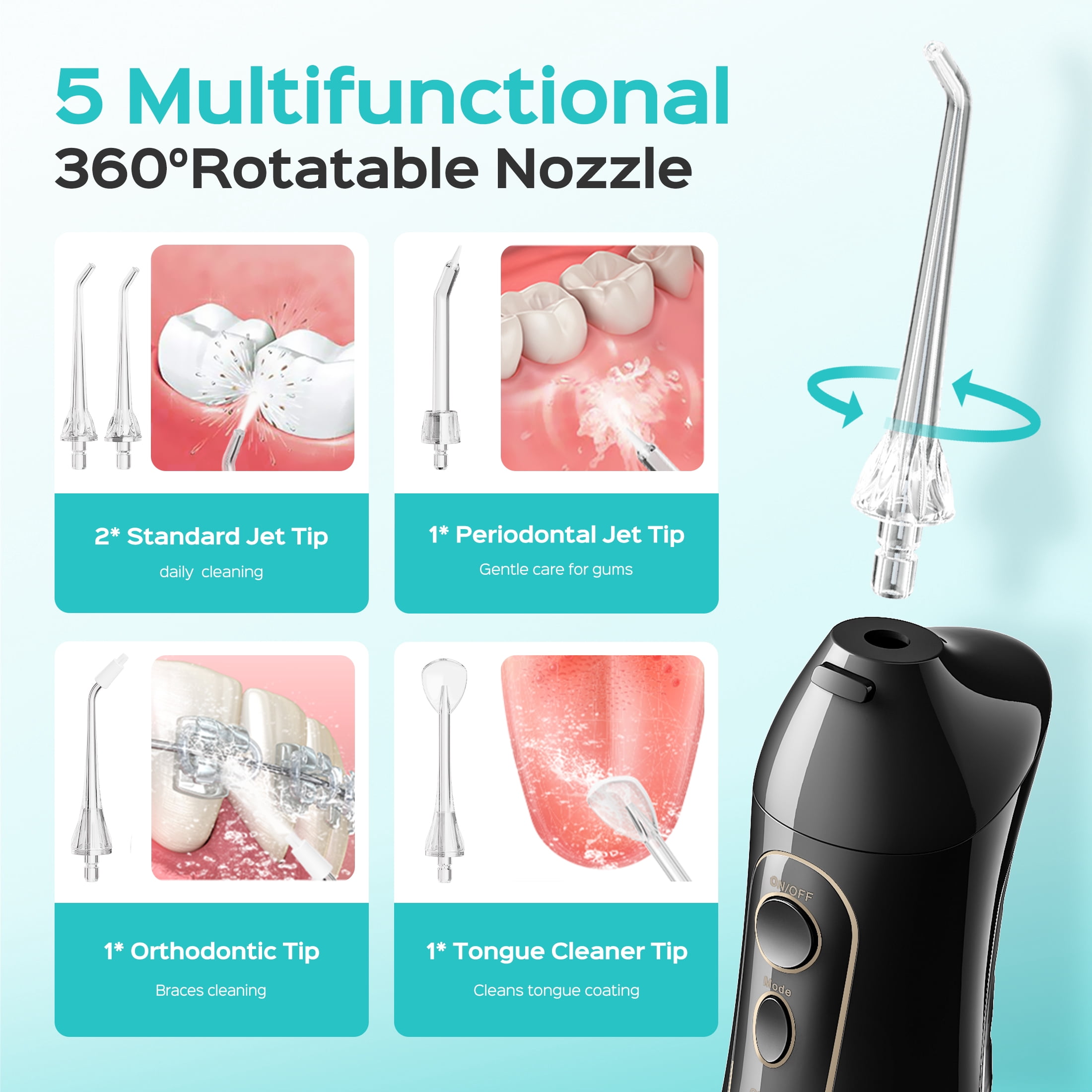COSLUS  CX20 Water Dental Flosser Teeth Pick,300ML Tank IPX7 Waterproof Portable Rechargeable Water Flosser Dental Oral Irrigator for Home and Travel Black