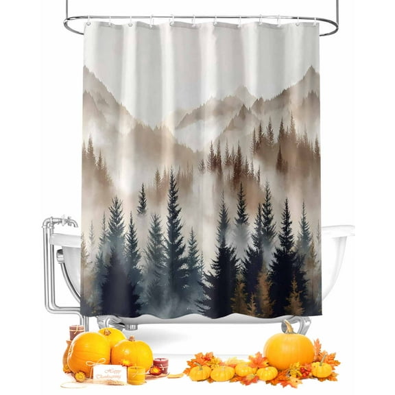 Fall Shower Curtain Misty Mountain Peak Bathroom Curtains with Hooks, Waterproof Fabric Forest Landscape Thanksgiving Bath Shower Curtains Set for Bathroom Bathtubs Decor 72x84 Inch