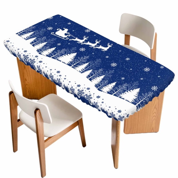 Navy Blue Christmas Table Cloths for 5 Foot Rectangle Tables, Xmas Elk Tree Snowflake Forest Patio Waterproof Elastic Fitted Tablecloths, Washable Rectangular Table Cover for Camping