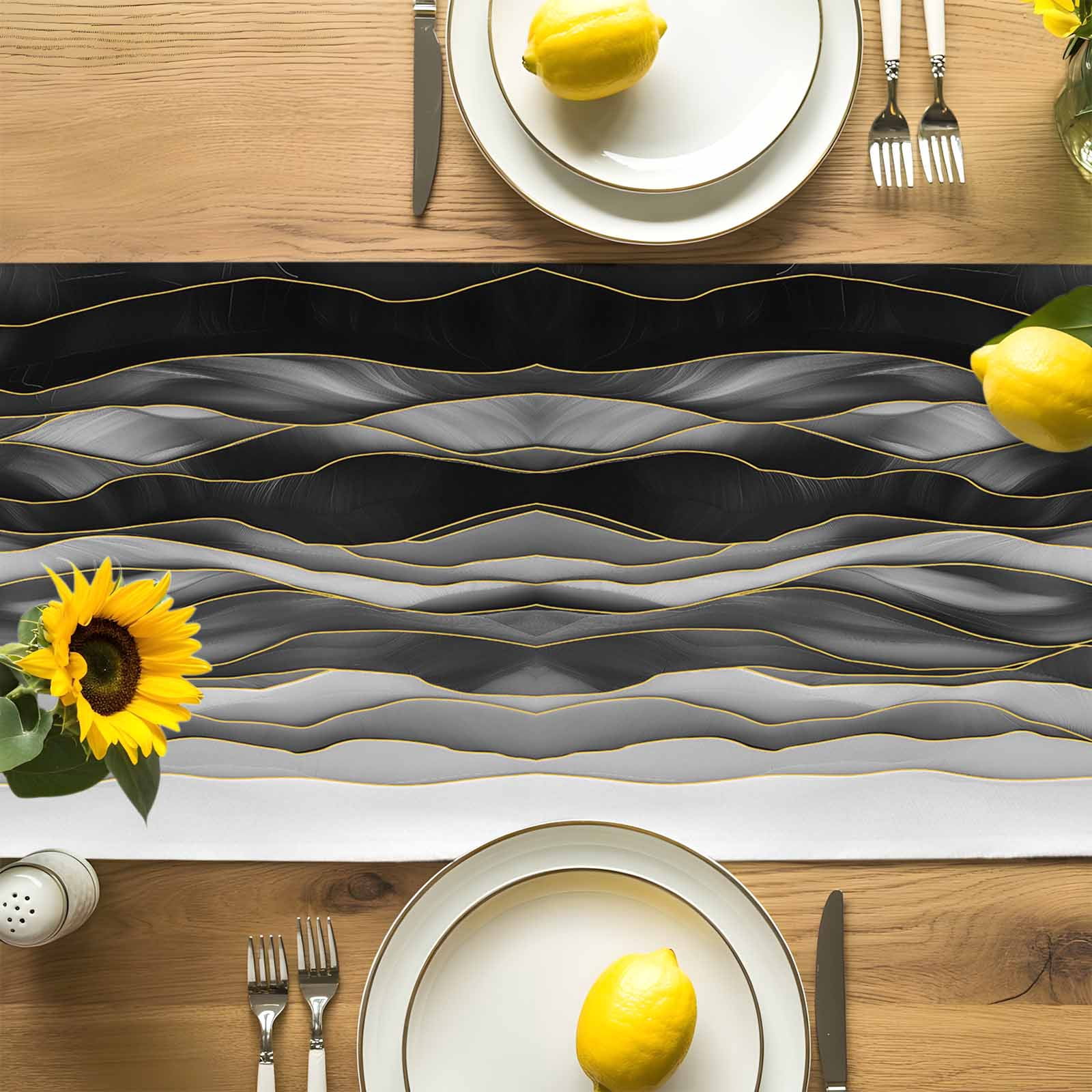 Black Grey Color Gradient Art Table Runner 90 Inches Long, Abstract Ombre with Gold Line Table Runners Tabletop Scarf Kitchen Dining Tables Decoration for Home Party Indoor Outdoor