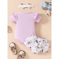 thumbnail image 4 of vera natura Baby Girls Summer Outfit Short Sleeve Romper + Floral Ruffle Shorts + Headband Set, 4 of 8