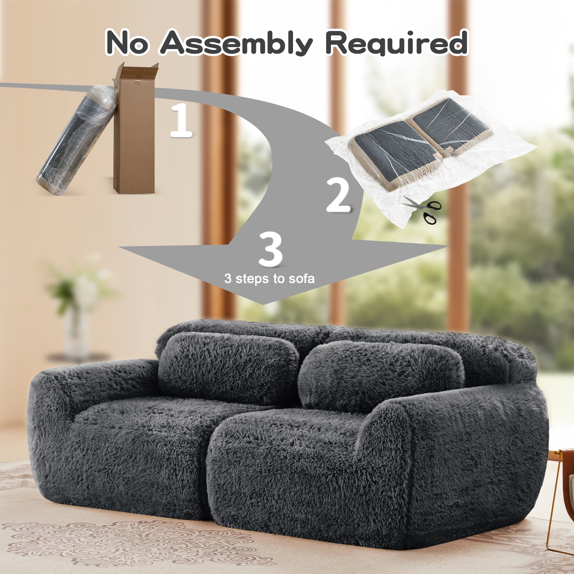 MAYEERTY 80" Gray Plush 2-Seater Modular Sectional Sofa, 32D High Density Foam Non Slip Base No Assembly with Pillows for Living Room