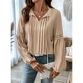 thumbnail image 5 of Womens Tops Casual Pleated V Neck Puff Long Sleeve T Shirts Loose Tunic Business Blouse Khaki M, 5 of 8