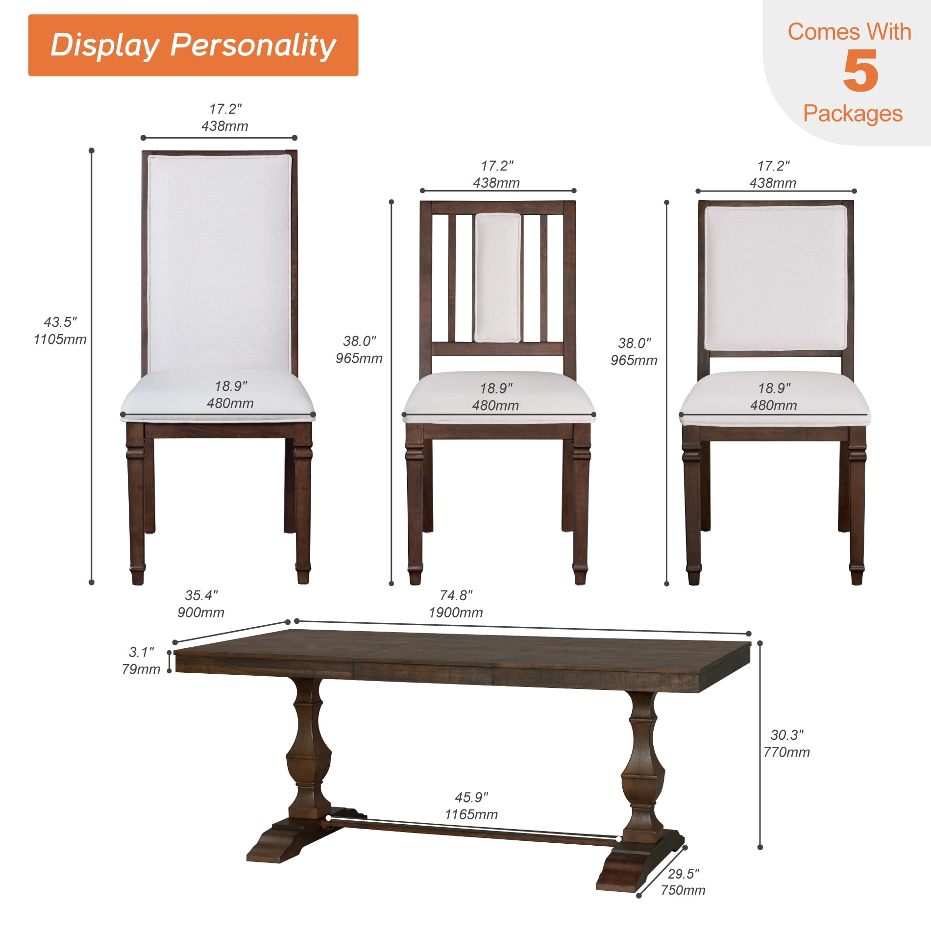 WAMPAT 7-pieces Farmhouse Dining Table Set,74.8" Kitchen Table with Chairs for 6-8,Solid Wood Legs and Upholstered Back for Dining Room & Living Room,Rustic Brown