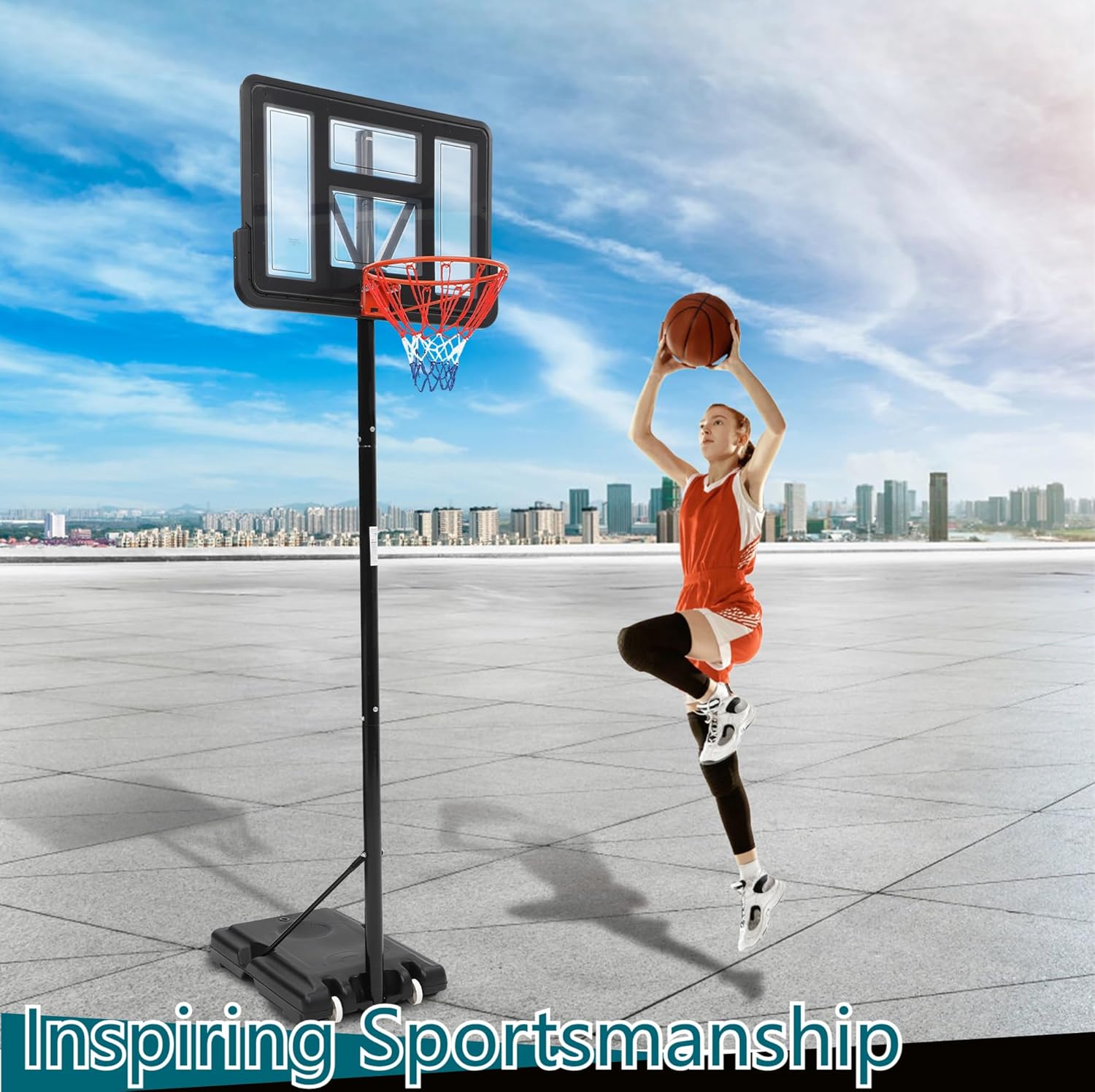 Lumiparty Portable Basketball Hoop Outdoor 5.2-10ft Height, Basketball Hoop Goal System with 2 Wheels, 44 Inch Shatterproof Backboard, Large Stable Base for Backyard