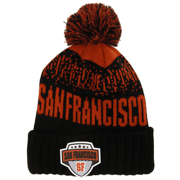 San Francisco City Name Rubber Patch Ribbed Winter Knit Pom Beanie (Black/Red)