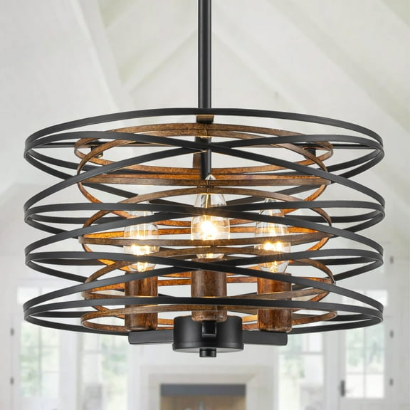 BESTOMINE Chandelier,13 Inch Dining Room Light Fixture,Matte Black Finish with Wood-Like Interior,Adjustable Height Farmhouse Chandelier for Kitchen Island,Bedroom,Living Room,Foyer
