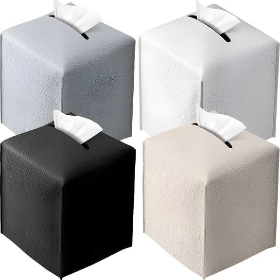 LAMIRO 4Pcs Square Tissue Box Holder PU Leather Tissue Box Cover Decorative Facial Napkin Holder Creative Facial Paper Organizer Portable Tissue Case Cube for Bathroom Office