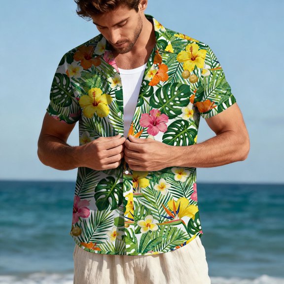 Jessboyy Mens Hawaiian Beach Shirts Funny Floral Printed Short Sleeve Hawaiian Tropical Button Down Shirt Casual Summer Party Vacation Tops Green XL