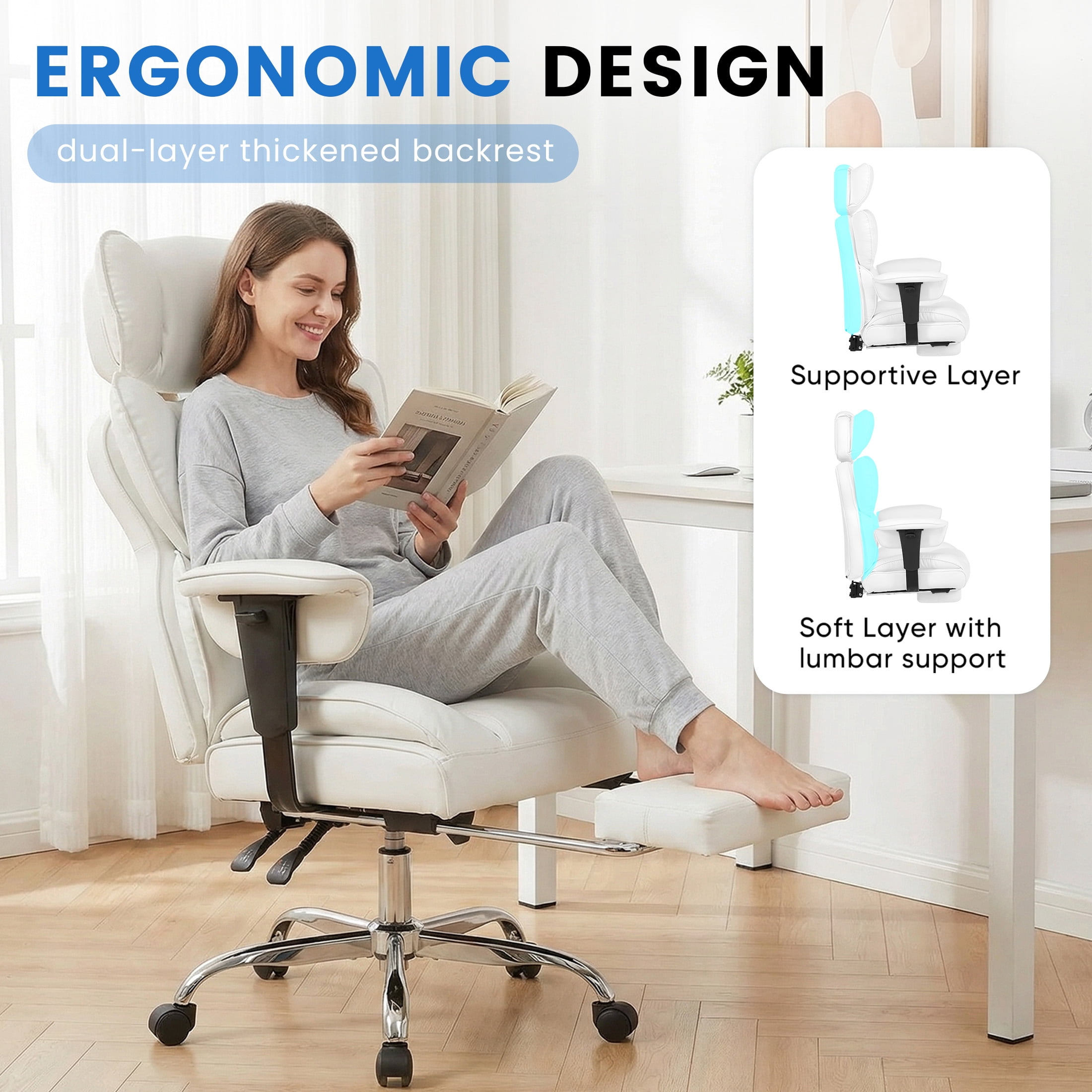 EDX Big and Tall Home Office Chair with Adjustable Armrests and Footrest,PU Leather Excutive Computer Chair with Wide Seat,Desk Chair with Ergonomic Lumbar Support,Beige