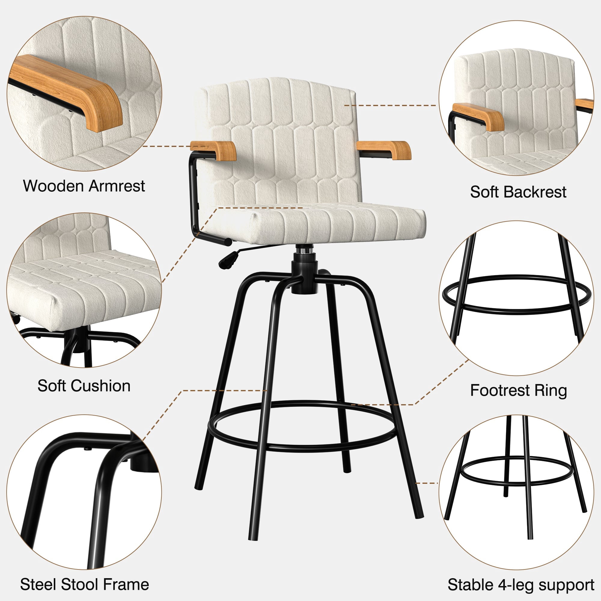 VECELO Swivel Bar Stools Set of 4 with Back and Armrest, Counter Height, Velvet Upholstered Bar Chairs for Kitchen Island & Home, Beige