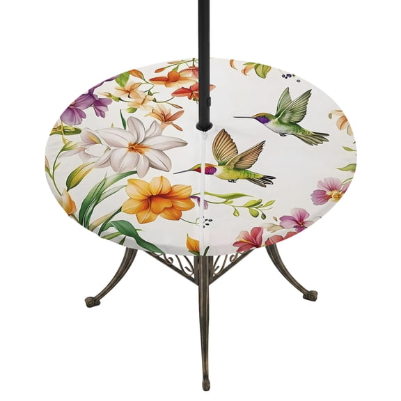 Spring Floral Hummingbird Round Outdoor Tablecloth with Umbrella Hole Zipper, Pastoral Rustic Botanical Flowers Elastic Fitted Table Cover, Waterproof Table Cloth for Patio Picnic Party Fits 36"-44"