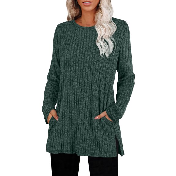 Tunic Sweaters for Women with Pockets Long Sleeve Ribbed Knit Sweater Casual Shirts Loose Fitting Pullover Tops Fall Outfits Green XXL