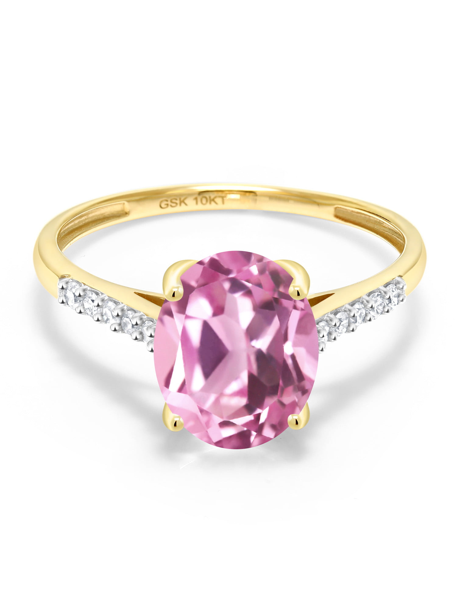 Gem Stone King 3.12 Ct Oval Light Pink Created Sapphire White Diamond 10K  Yellow Gold Ring