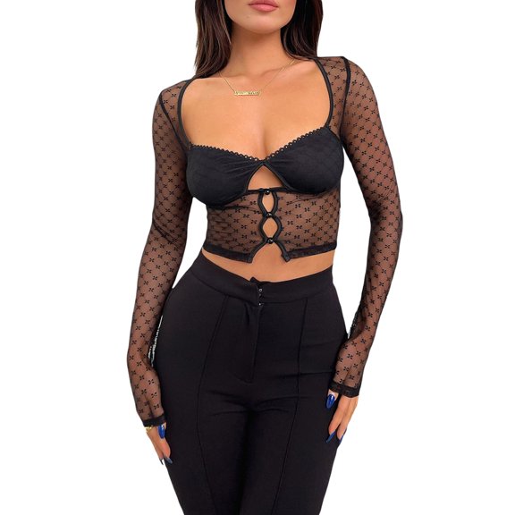 hirigin Long Sleeve Sheer Blouse for Women Sexy V Neck Botton Up Shirts Collared Mesh Flare Sleeve Crop Top Streetwear