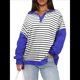 thumbnail image 1 of Sudaderas de Rayas para Mujer, Cuello en V, Jersey con Bloques de Color, Camisetas de Larga, Blusas Preppy, Conjuntos de Otoño. Negro Sobre XL, 1 of 7