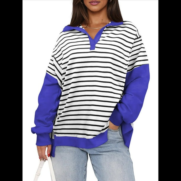 Sudaderas de Rayas para Mujer, Cuello en V, Jersey con Bloques de Color, Camisetas de Larga, Blusas Preppy, Conjuntos de Otoño. Negro Sobre XL