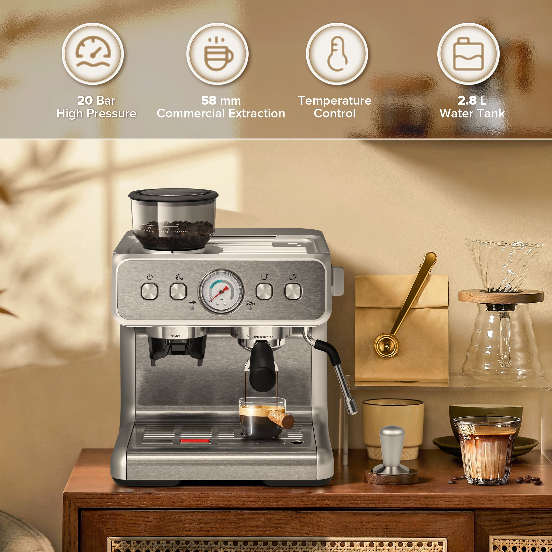 Auseo 20 Bar Automatic Espresso Coffee Maker with Grinder and Milk Frother Steam Wand, Drip Hot Coffee, 1&2 Cups, Espresso/Cappuccino/Latte/Mocha for Home, Stainless Steel