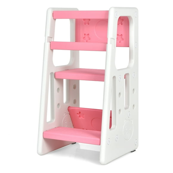 Costway Kids Kitchen Step Stool with Double Safety Rails Toddler Learning Stool Pink