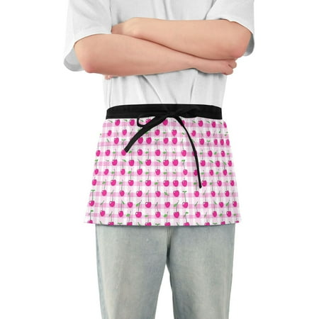 

Server Apron with 3 Pockets Waterproof Waitress Waist Short Apron for Man Woman Cherry on Gingham 12 Inches
