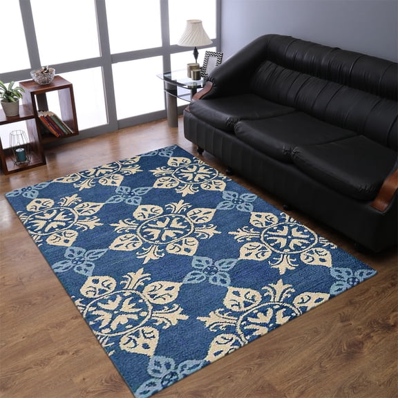 Rugsotic Carpets Hand Tufted Wool Eco-Friendly 5'x8' Area Rugs Rectangle Blue Floral Modern High Pile Thick Handmade Anti Skid Indoor Rug for Living Room, Bedroom K00661