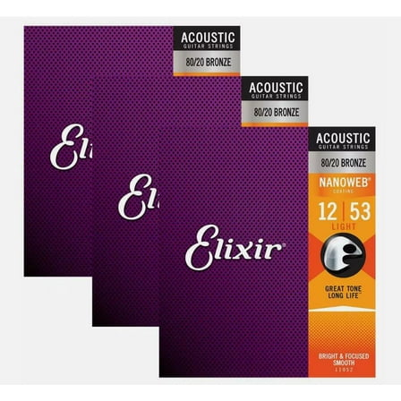 3 Pack! Elixir Light 12-53 Acoustic 80/20 Bronze Strings Nanoweb 11052