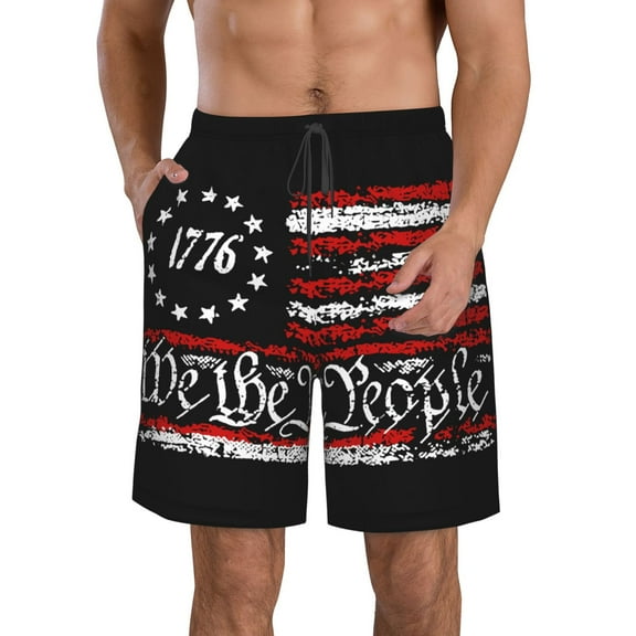 1776 We The People American Men's Hawaiian Beach Shorts Elastic Waist Drawstring Lightweight Summer Casual Shorts with Pocket S