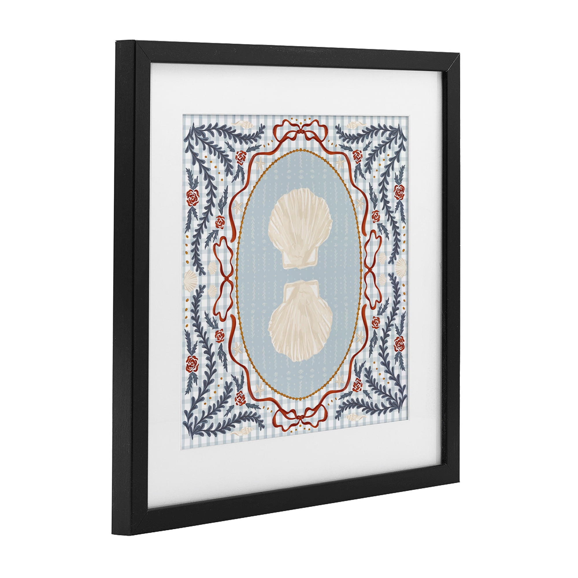 Stupell Industries Shells Portrait on Gingham Black Framed Print Under Glass, design by Vero Illustrates