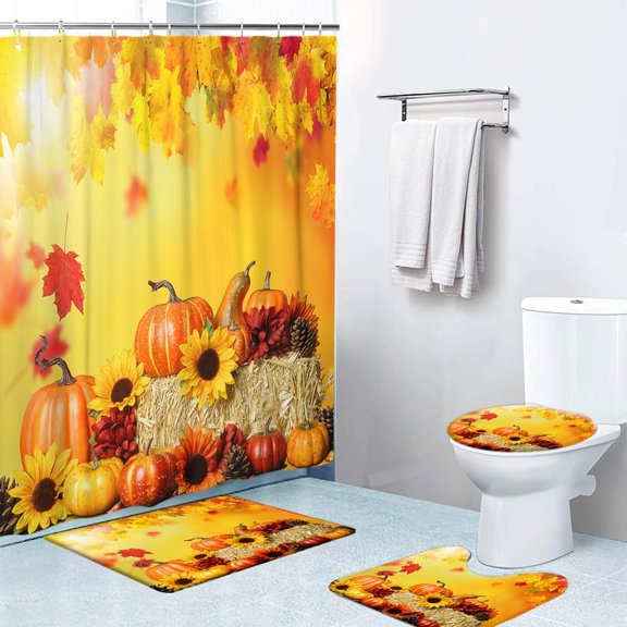 4 Pcs Shower Curtain Sets with Non-Slip Rugs,Toilet Lid Cover and Bath Mat,Autumn Fallen Leaves with Harvest Pumpkins Waterproof Shower Curtain with 12 Hooks, Bathroom Decor Sets, 72x72 Inch