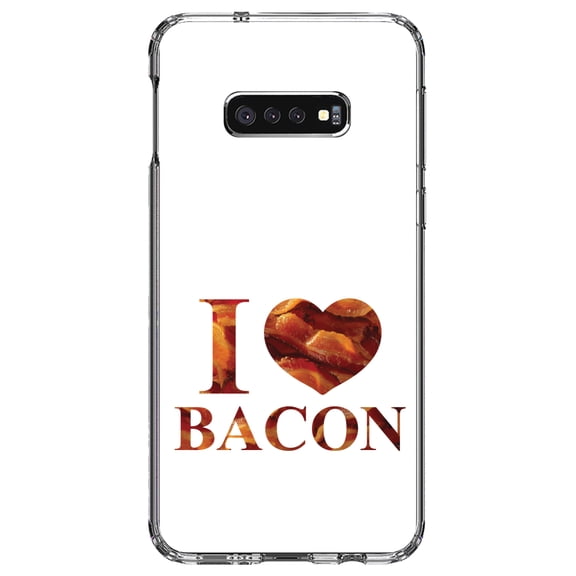 DistinctInk Clear Shockproof Hybrid Case for Samsung Galaxy S10e (5.8" Screen) - TPU Bumper, Acrylic Back, Tempered Glass Screen Protector - White Bacon Writing I Heart Bacon - Bacon