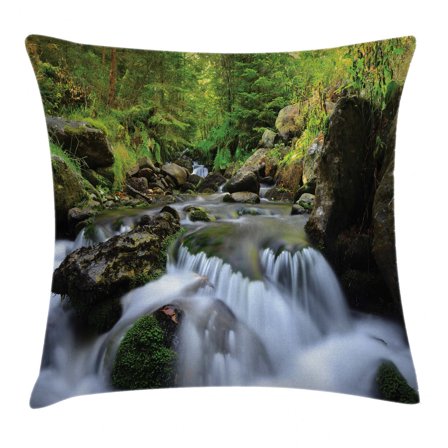 Nature Throw Pillow Cushion Cover, National Park with Cascade Flowing into the Woods Mother Earth Image, Decorative Square Accent Pillow Case, 16 X 16 Inches, Fern Green Dark Grey White, by Ambesonne