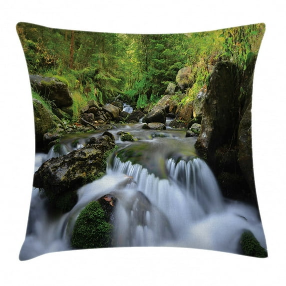 Nature Throw Pillow Cushion Cover, National Park with Cascade Flowing into the Woods Mother Earth Image, Decorative Square Accent Pillow Case, 20 X 20 Inches, Fern Green Dark Grey White, by Ambesonne