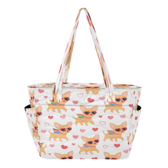 Quilted Tote Bag Large Capacity Multi-Compartment Handbag Cute Chihuahua Heart Wings Lightweight Structured Shoulder Bag Versatile Casual Bag