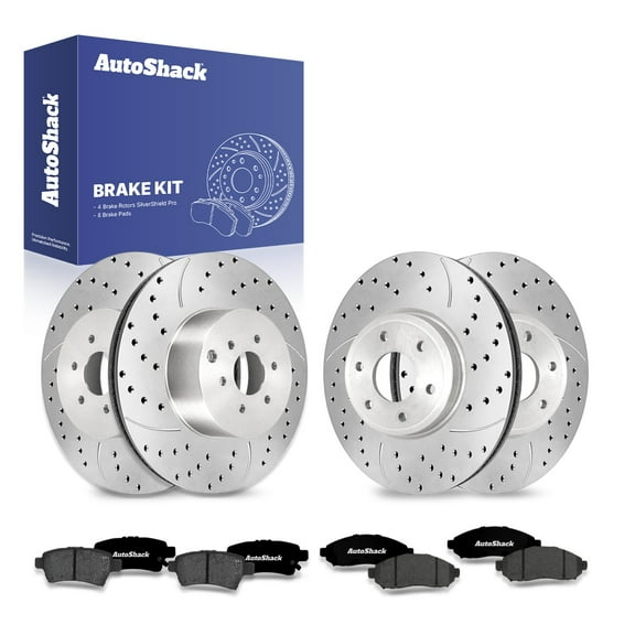 AutoShack Front & Rear Brake Rotors & Premium Pads for Nissan, Frontier 2005-2024 Xterra 2005, 2008-2015, 4WD RWD L4 2.5L V6 3.8L 4.0L - Silver Zinc Coated Drilled & Slotted - SilverShield Pro