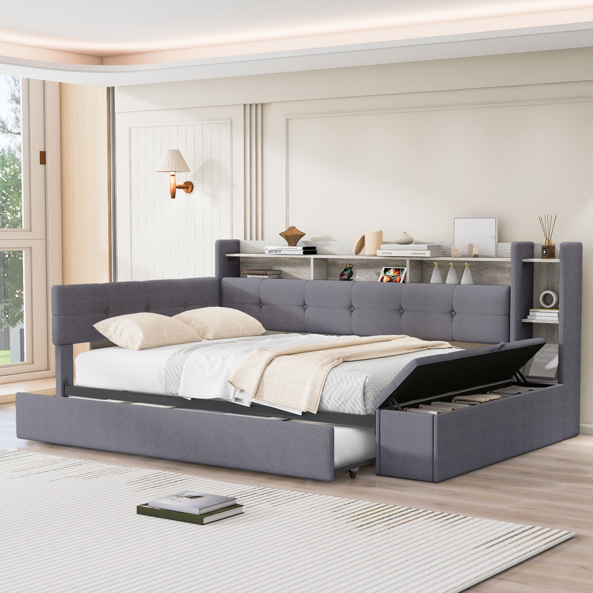 Euroco Upholstery Full Size Daybed with Trundle, Storage Sofa Bed with Footstool and Shelves, LED Light and USB Charging, Grey